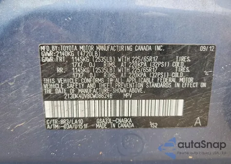 2012 Toyota Rav4 Limited from USA, damaged, VIN 2T3DK4DV8CW086246